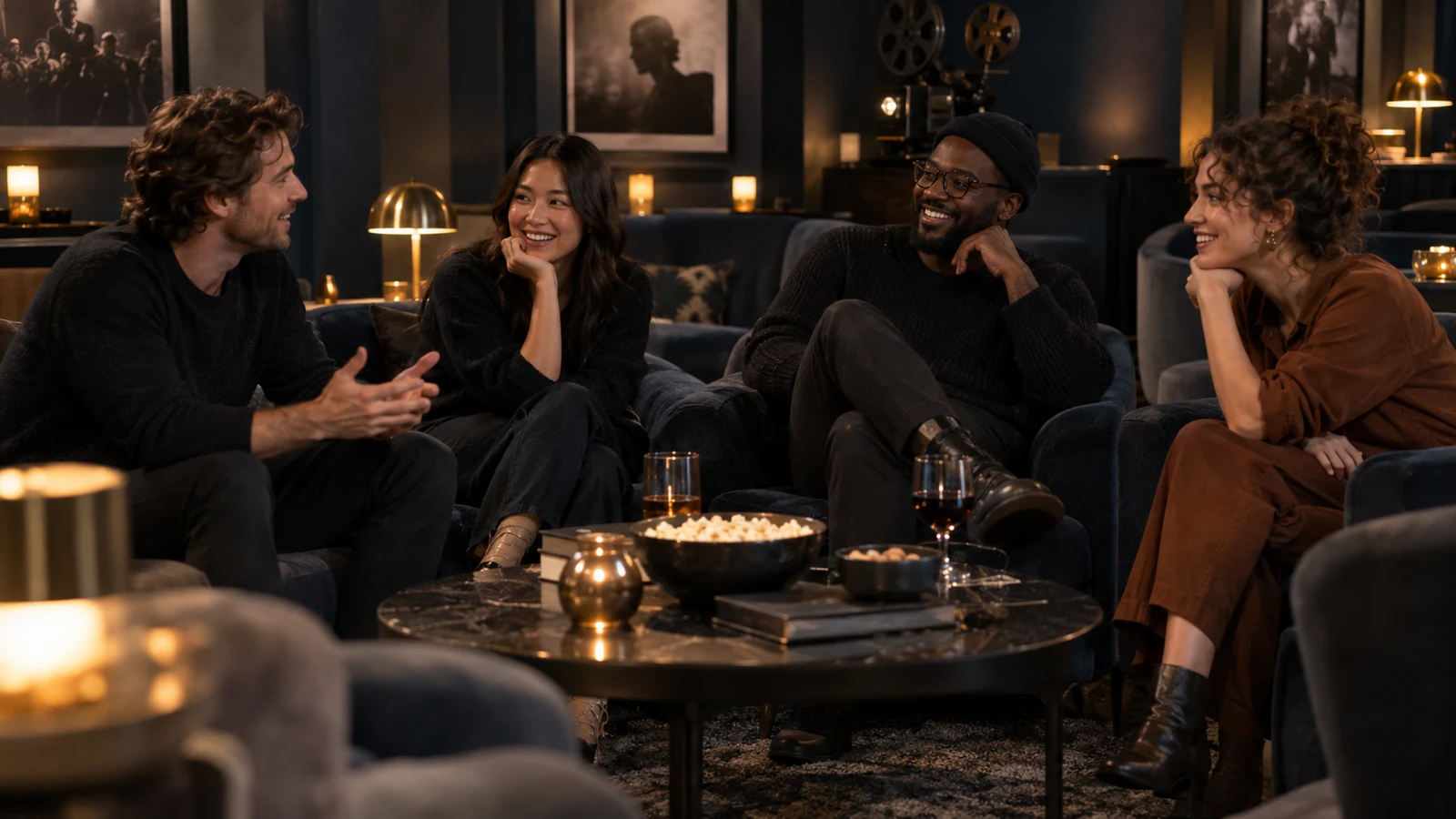 Friends sharing a warm conversation in a cinema lounge