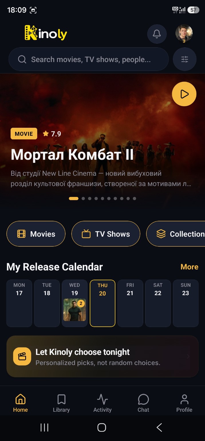Kinoly mobile app showing movie discovery, your release calendar and personalized recommendations