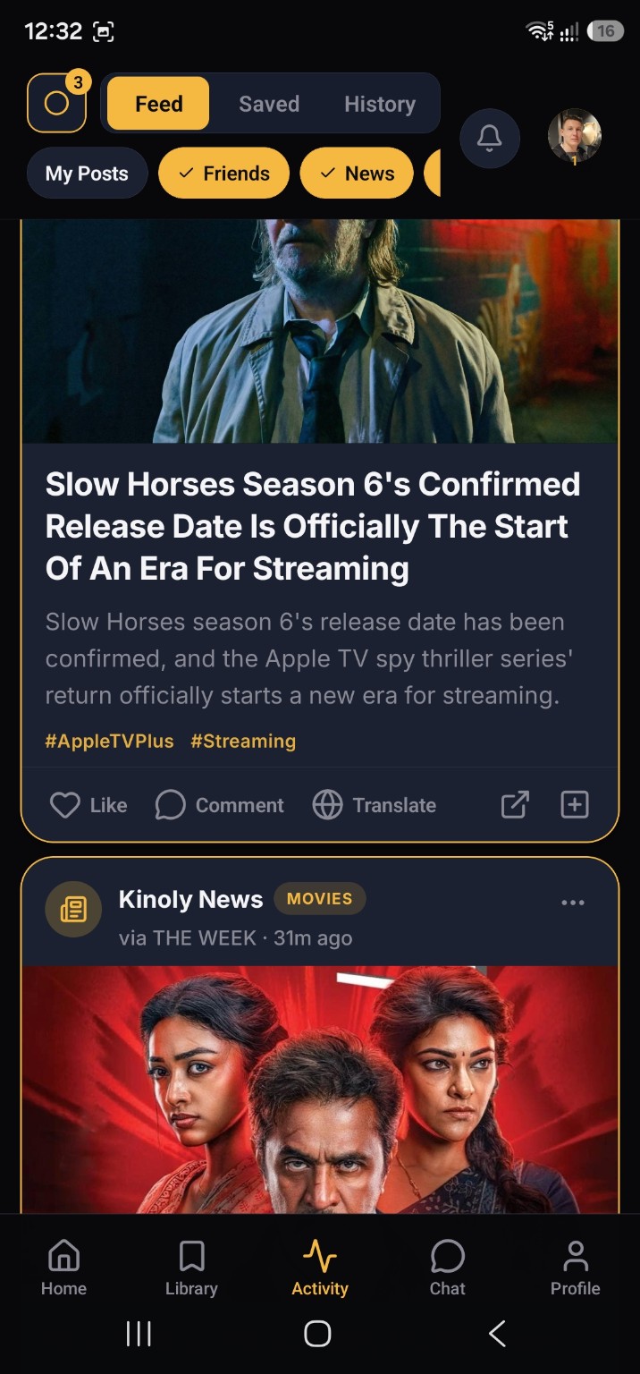 Kinoly activity feed with film industry news, friend filters, likes and comments
