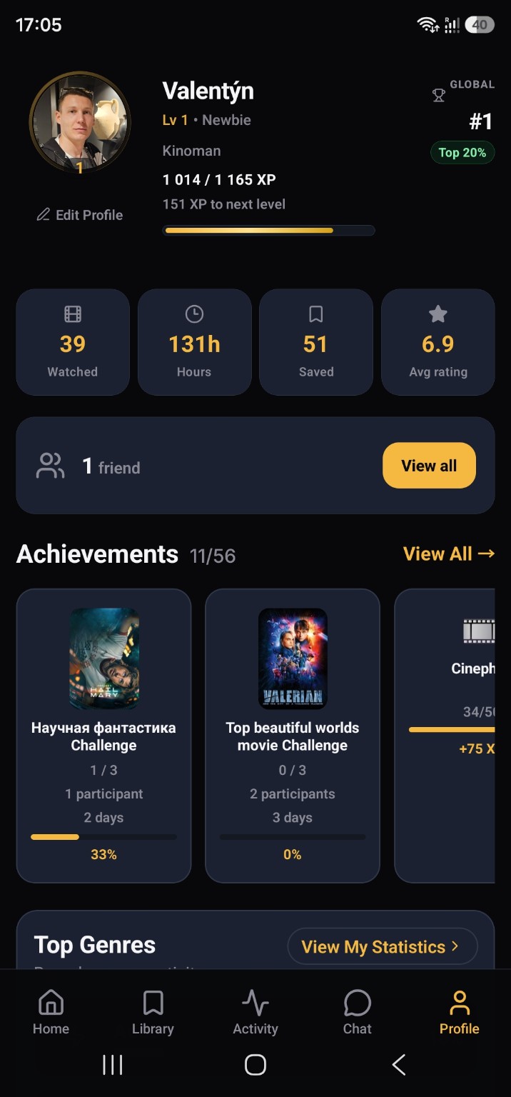 Kinoly profile with friends, viewing statistics and film challenges