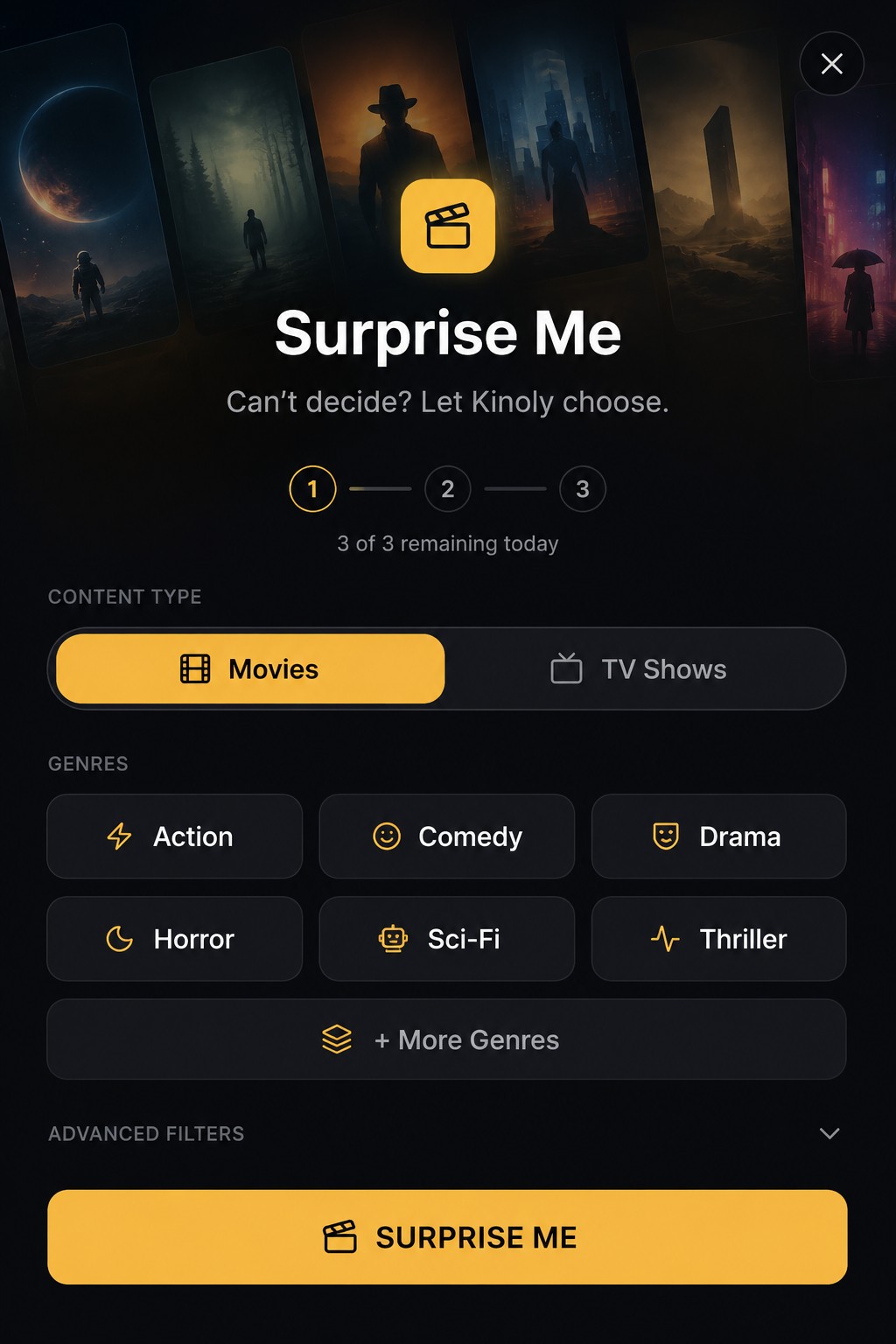 Kinoly Surprise Me: choose movies or TV shows and filter by genre to find your next watch